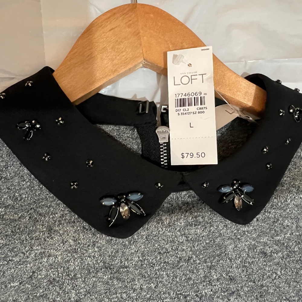 NWT LOFT Embellished Black Peter Pan Collared Knit Shift Dress in Gray Size L - Picture 6 of 13